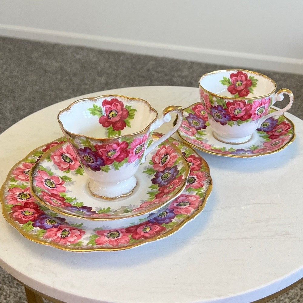 Royal Standard Carmen Tea Cup‎ Saucer Snack Plate 5pc Floral Gold Gilt Tea Party